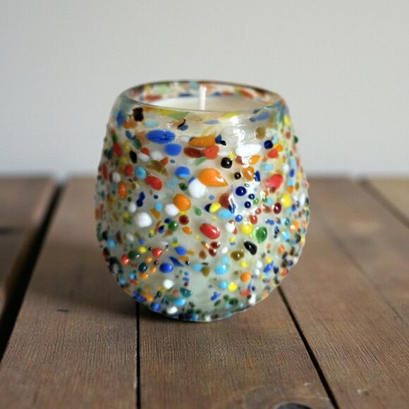 Mexican Glass Jar Pebbled Multi-colored Soy Wax Candle -Light Sandalwood Scent - Picture 1 of 5